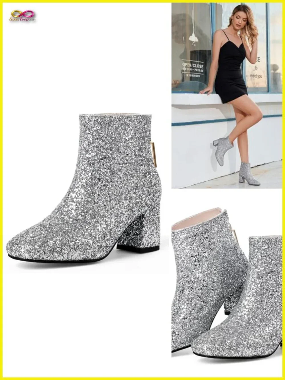 Sequin Glitter Ankle Boots Chunky Heels Sparkly Booties